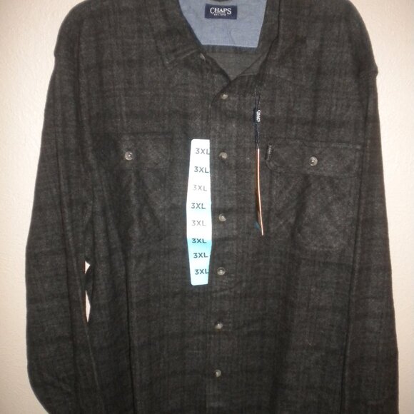 CHAPS Men's Size 3XL Knit Button Up Stretch Black Plaid Flannel Shirt NWT - Picture 2 of 5